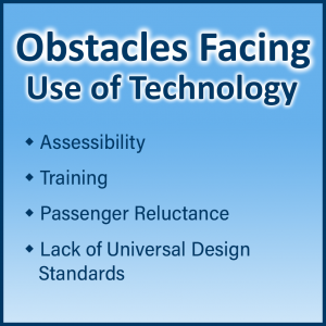 List of Obstacles facing use of technology: Assessibility. Training. Passenger Reluctance. Lack of Universal Design Standards.