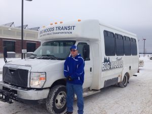 Big Woods Transit bus with driver in winter